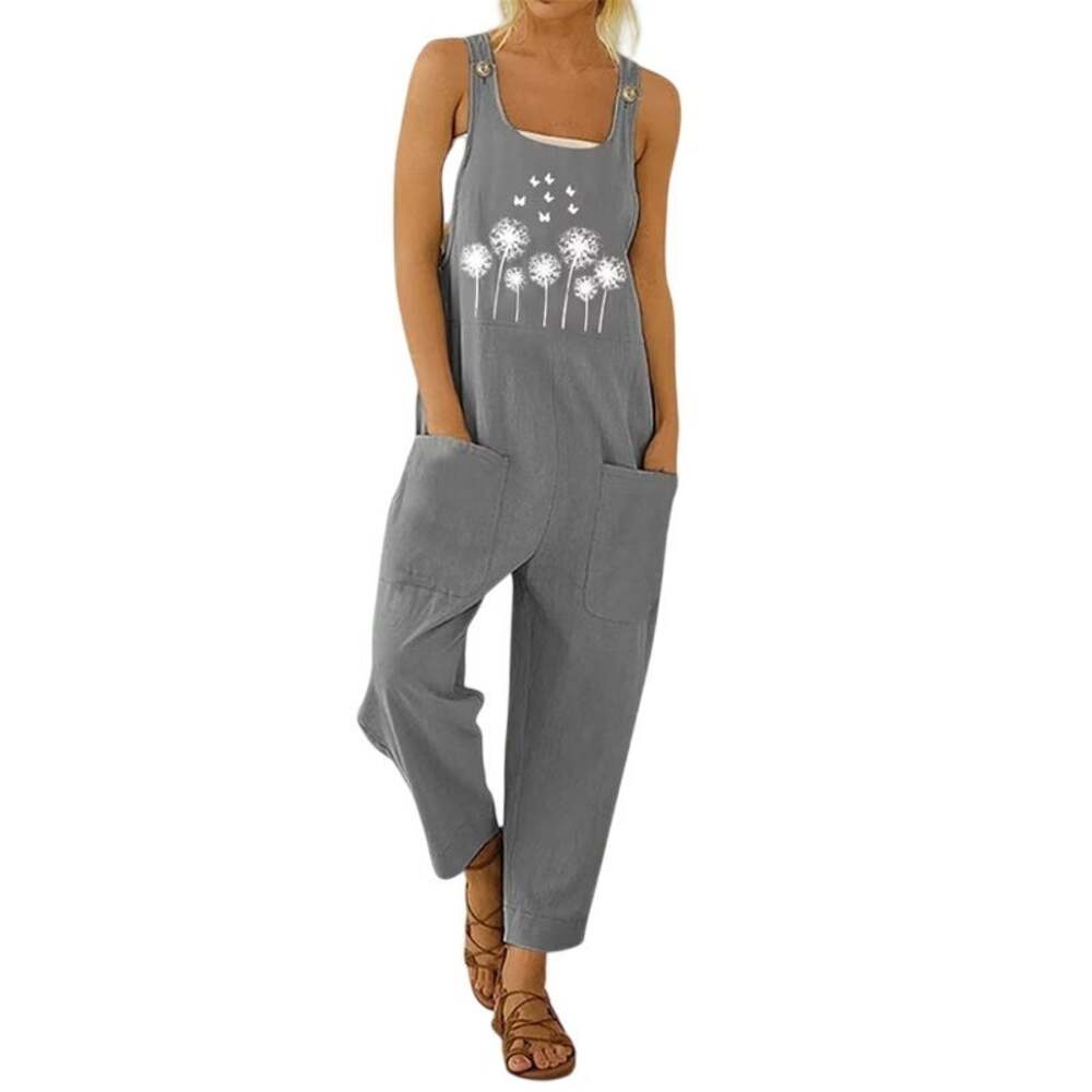 Dandelion Print Wide Leg Jumpsuit Gray Women's Medium Adjustable Straps Pockets